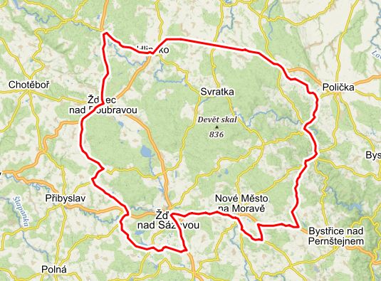 Hranice chráněného krajinného území CHKO Žďárské vrchy.